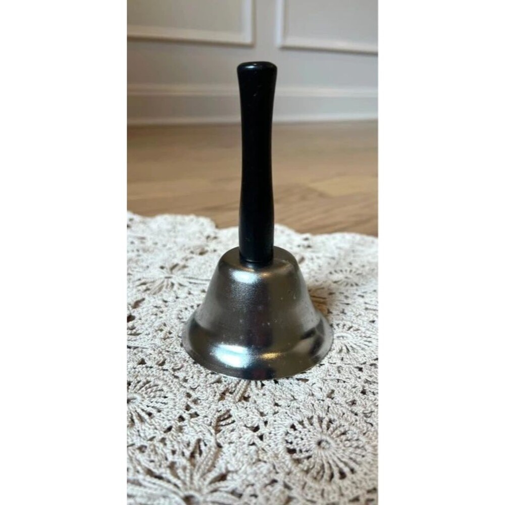 Vintage Silver Tone Hand Bell with Black Turned Wooden Handle